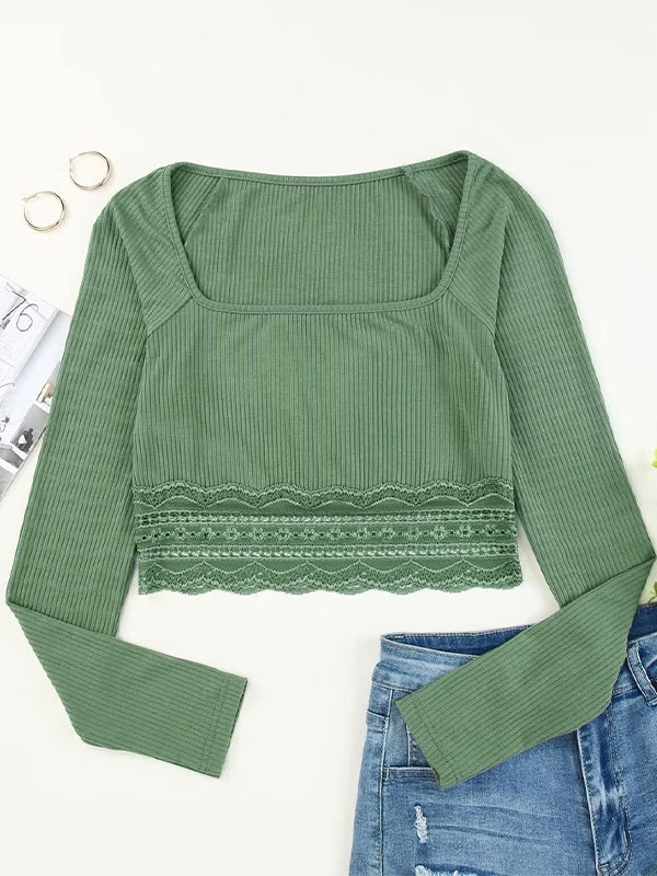 Solid Color Lace Hem Square Neck Crop Long Sleeve Knit