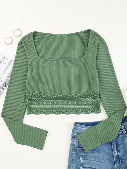 Solid Color Lace Hem Square Neck Crop Long Sleeve Knit