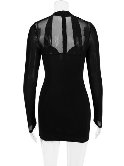 Bodycon Dress Halter Designed Neckline Ilusion Sleeves Nightout Coachella Mini Dresses