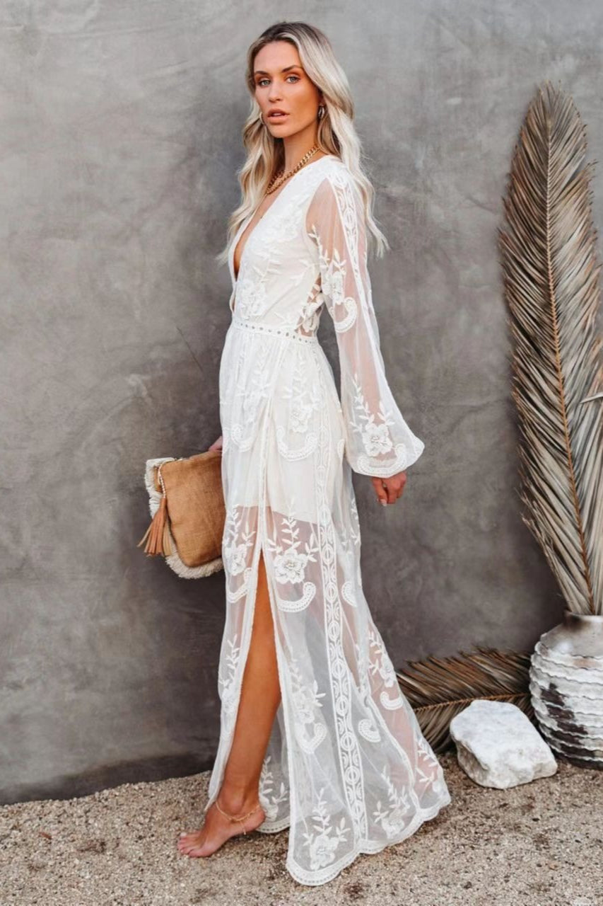 Embroidered Sheer Overlay Plunge V-Neck Bishop Sleeve Slit Maxi Dress