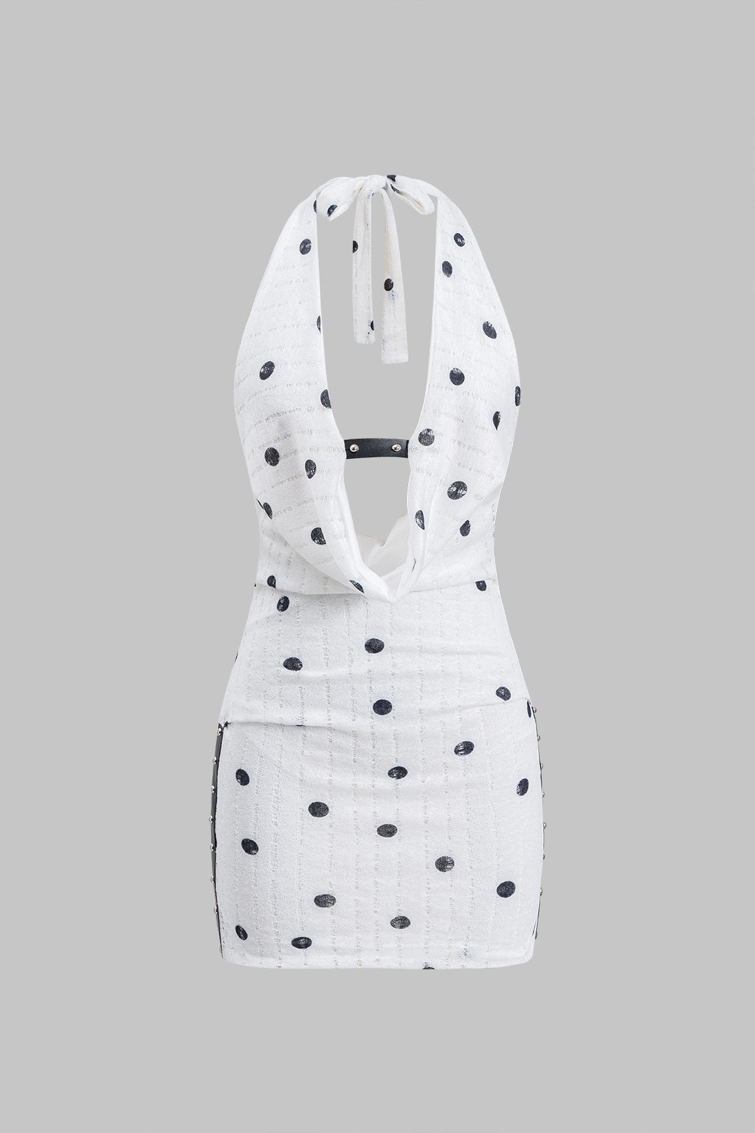 Halter Cowl Neck Polka Dot Quilted Knit Studded Side Panel Bodycon Mini Dress