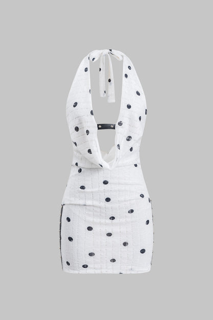 Halter Cowl Neck Polka Dot Quilted Knit Studded Side Panel Bodycon Mini Dress