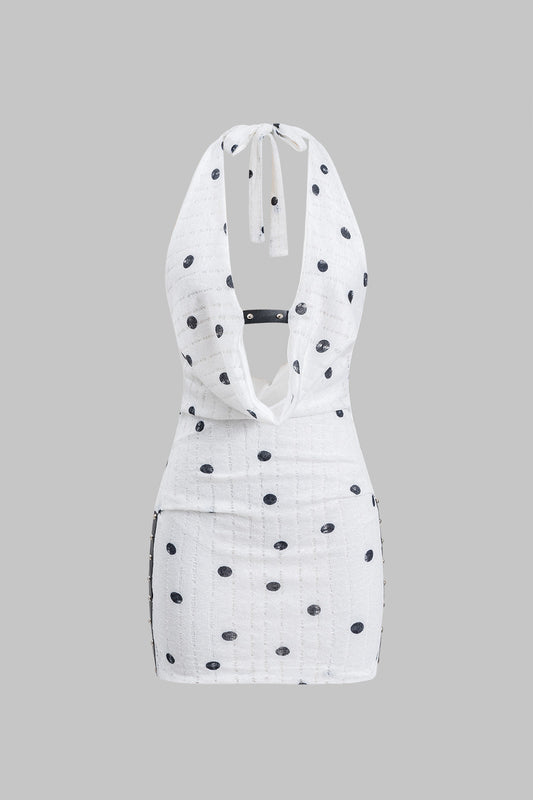 Halter Cowl Neck Polka Dot Quilted Knit Studded Side Panel Bodycon Mini Dress