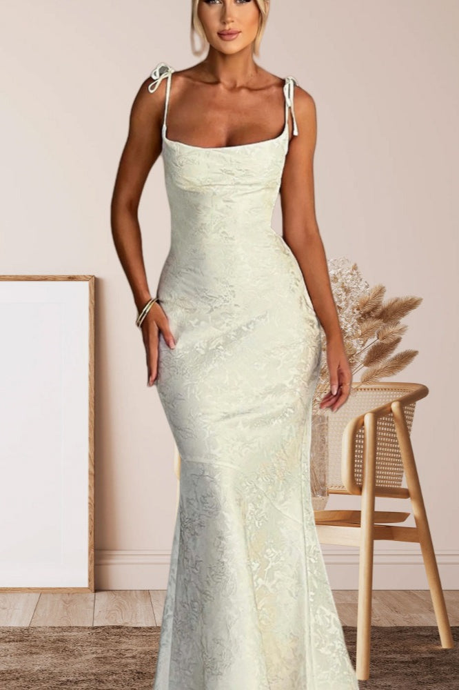 Tie-Shoulder Jacquard Floral Mermaid Maxi Formal Gown