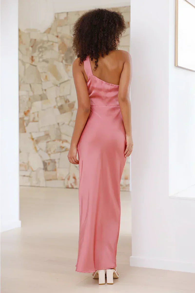 Satin One Shoulder Column Floor Length Maxi Dress