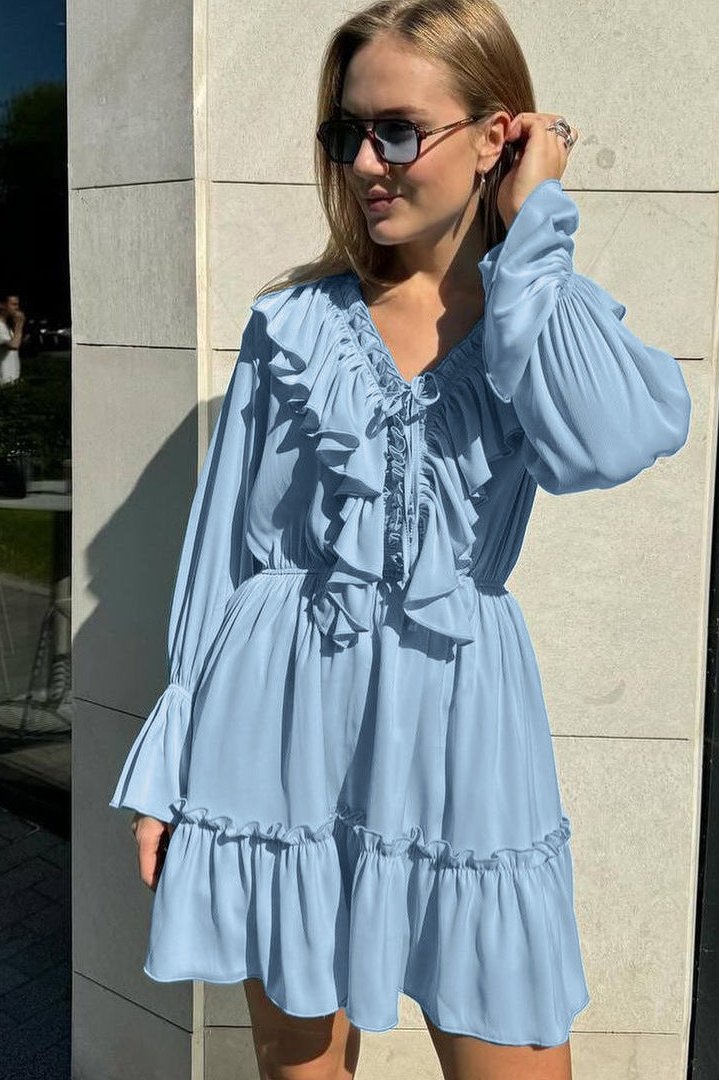 Ruffled Deep V-Neck Bell Sleeve Drawstring Waist Tiered Mini Dress