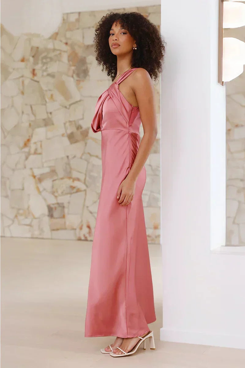 Satin One Shoulder Column Floor Length Maxi Dress