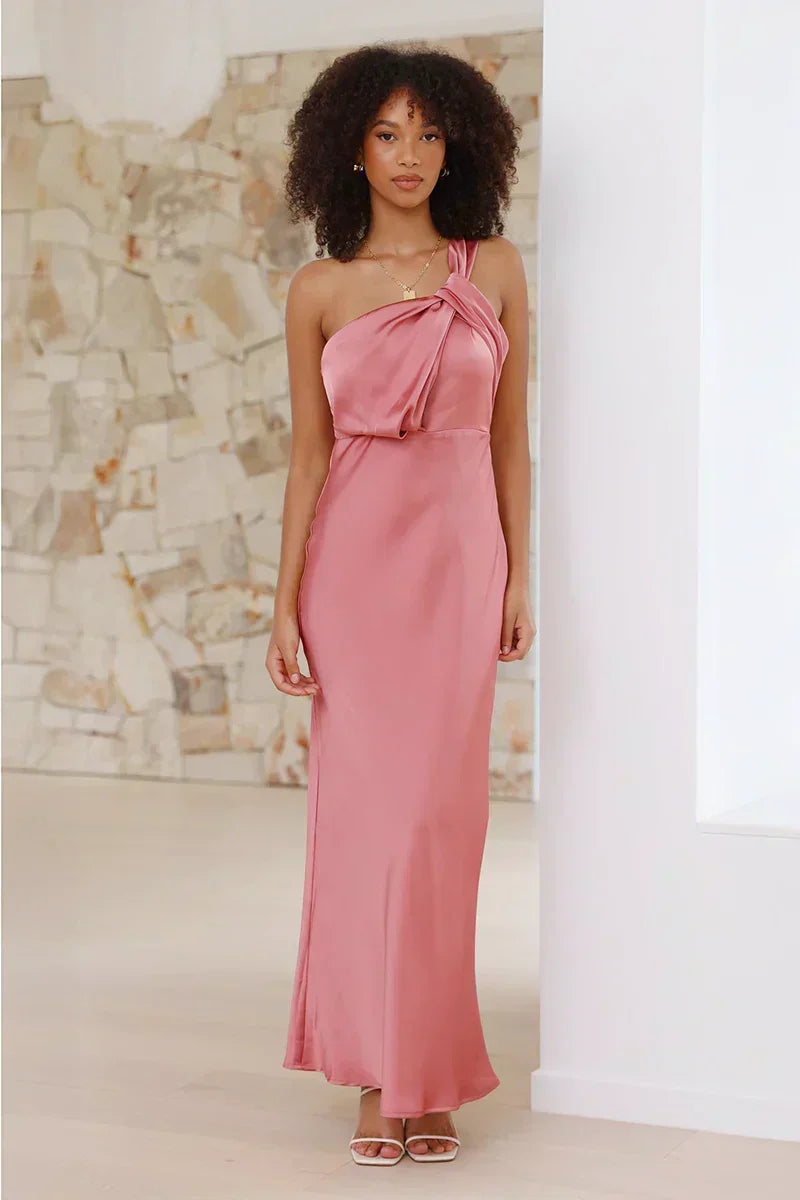 Satin One Shoulder Column Floor Length Maxi Dress