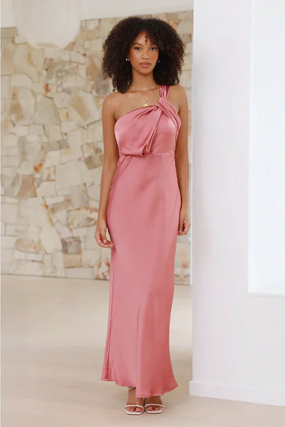 Satin One Shoulder Column Floor Length Maxi Dress