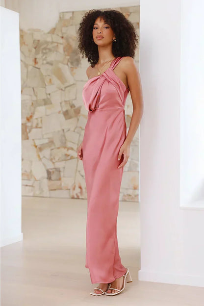 Satin One Shoulder Column Floor Length Maxi Dress