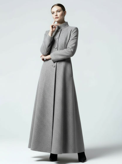 Maxi Wool Blend A-Line Coat with Stand Collar For Women 2026