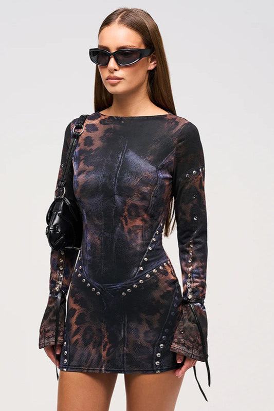 Sexy Fitted Crew Neck Printed Long-Sleeve Bodycon Dress