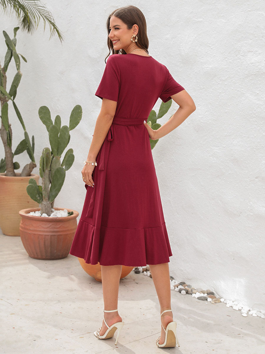 Wrap Dress Short Sleeves Belted Ruffles Edge Summer Casual Midi Dresses