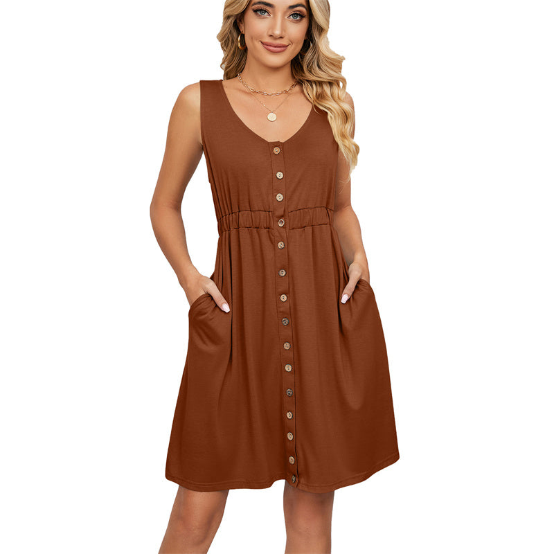 Solid Color Sleeveless Mini Dress with Button Details