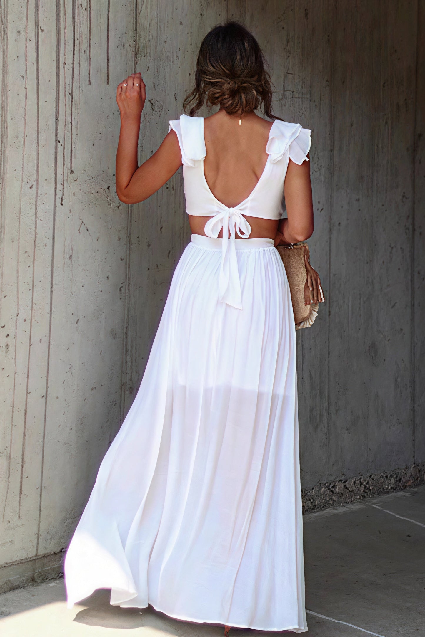 Ruffle Strap Plunge V-Neck Waist Cutout Ring Detail Cascading Ruffle Maxi Dress