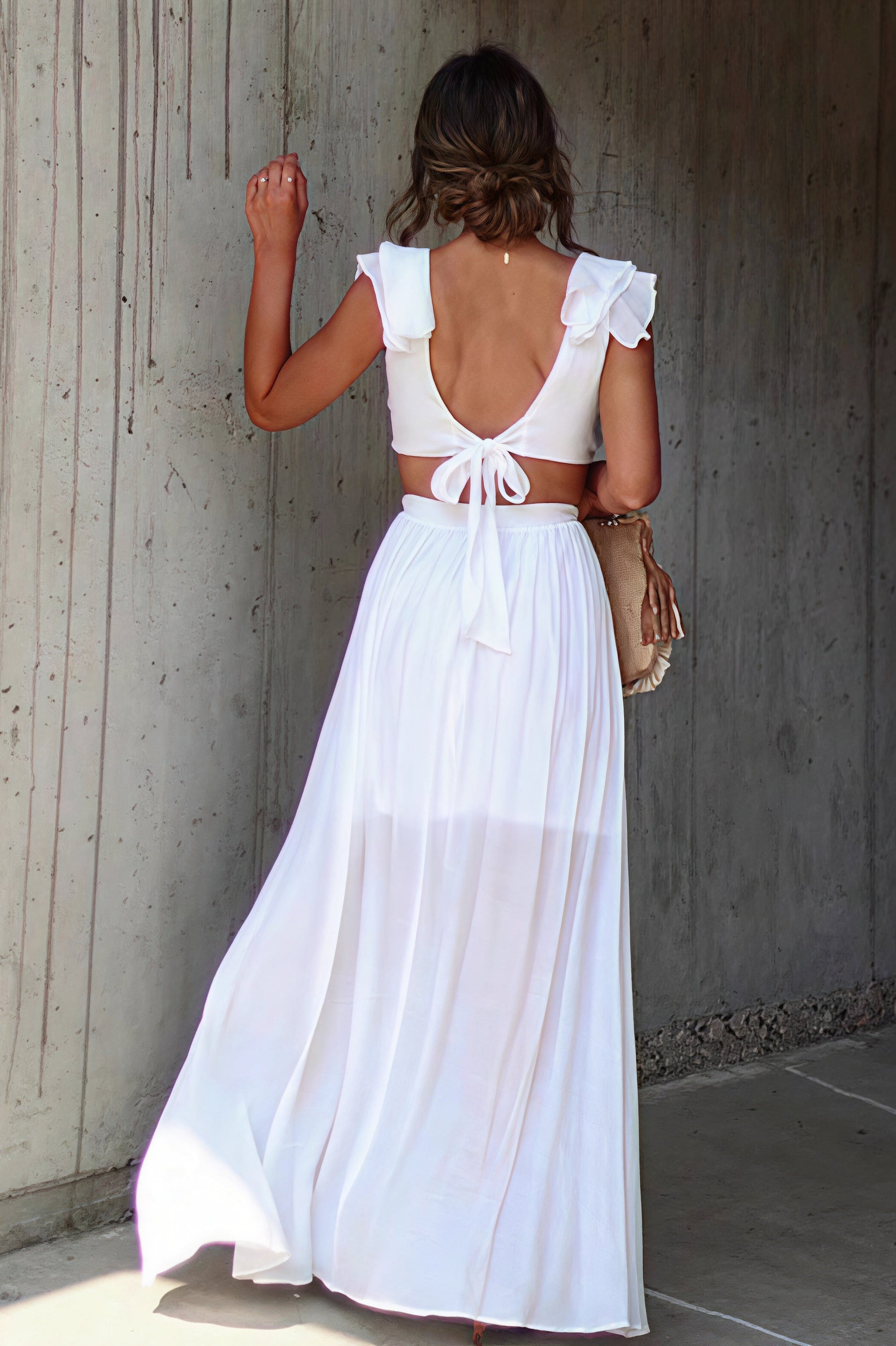 Ruffle Strap Plunge V-Neck Waist Cutout Ring Detail Cascading Ruffle Maxi Dress