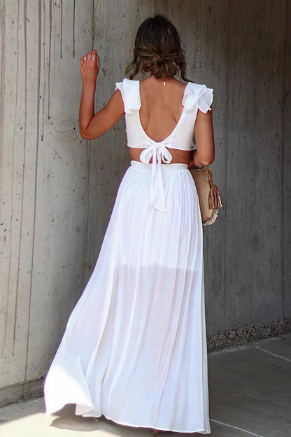 Ruffle Strap Plunge V-Neck Waist Cutout Ring Detail Cascading Ruffle Maxi Dress
