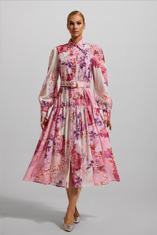 Floral Shirt Collar Midi Dress With Belt