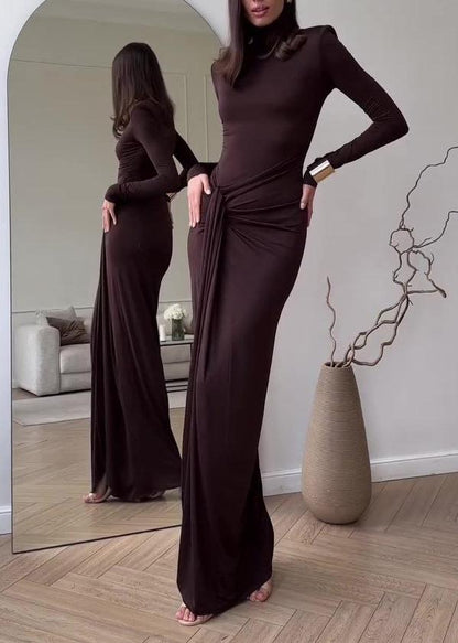 Mock Neck Long Sleeve Ruched Draped Panel Bodycon Maxi Dress
