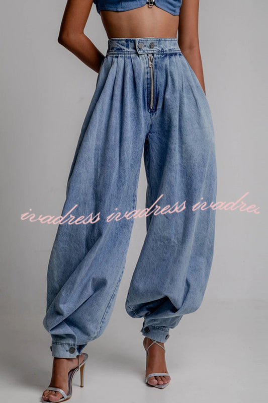 Fashion High Waist Vintage Zipper Cuffed Loose Jeans