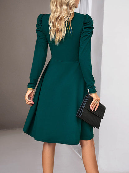 Puff Sleeves Skinny Pleated Solid Color Split-Joint V-Neck Midi Dresses