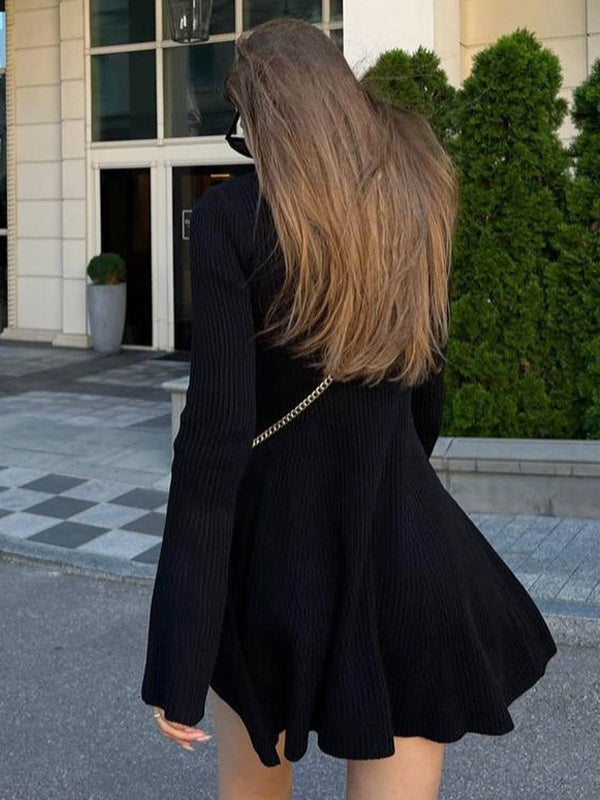 Knitted Dress Mock Neck Flared Sleeves A-Line Casual Short Mini Dresses