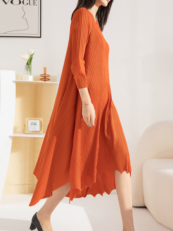 Irregular Clipping Loose Pleated Solid Color Round-Neck Midi Dresses