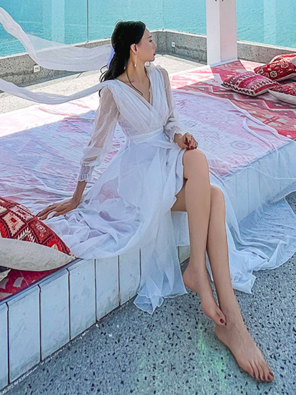 White Maxi Dress Long Sleeves Crepe Chiffon Beach Wedding Dress