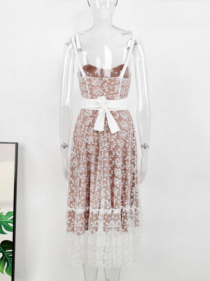 Summer Dress Sweetheart Neckline Sleeveless Sheer Casual Midi Dresses