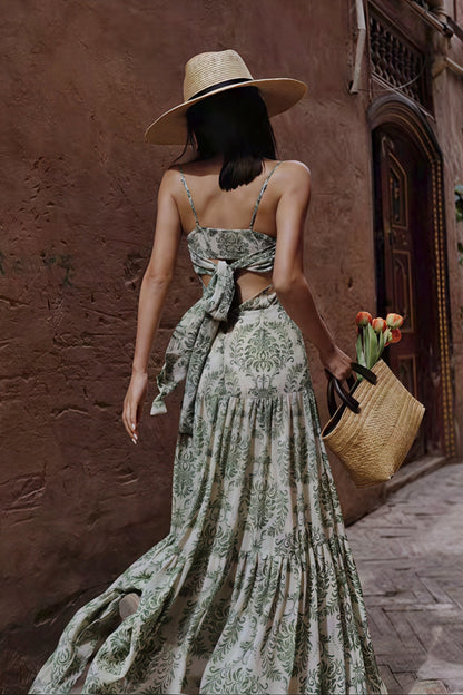 Damask Floral Print Spaghetti Strap Ruched Bust Maxi Dress