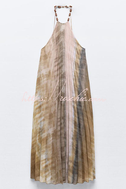 Tie-dye Printed Halter Neck Pleated Backless Midi Dress
