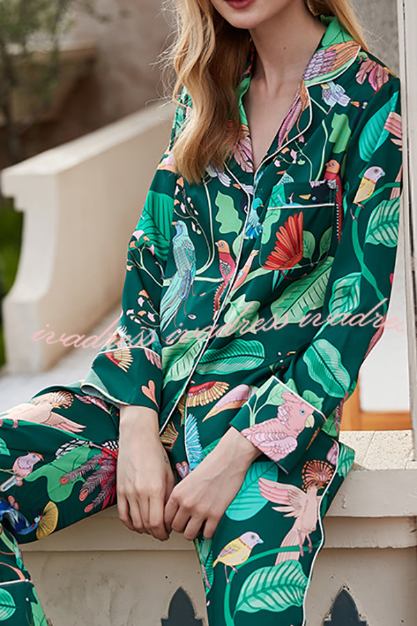 Green Parrot Print Home Long Sleeved Two-piece Set