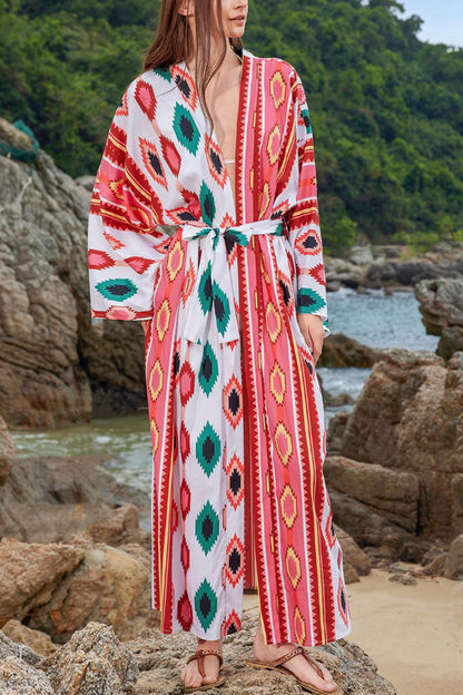 Unique Printed Loose Long-Sleeved Tie-Waist Holiday Extra-Long Cover-Up Robe