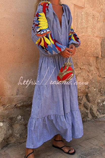 Unique Printed V-neck Lace-up Balloon Sleeves Loose Maxi Dress