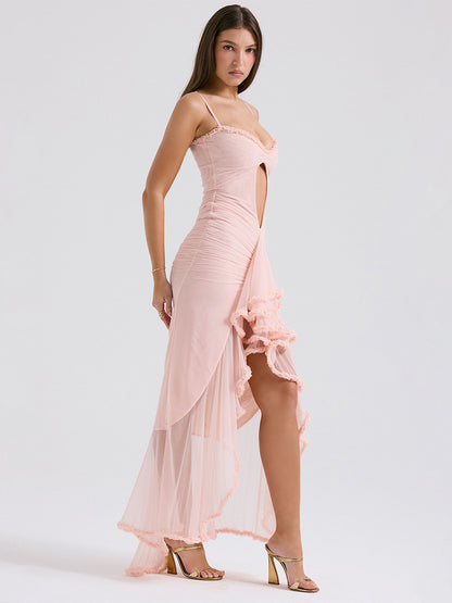 Pink Dress High-Low Cutout Spaghetti Strap Pleated Sexy Party Midi Dresses