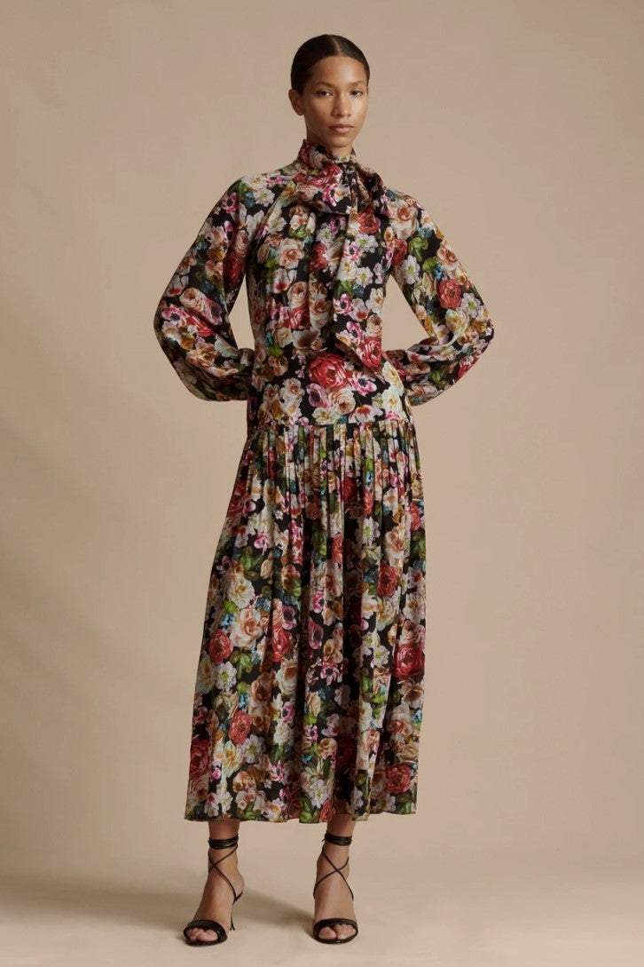 Floral Stand Collar Midi Dress