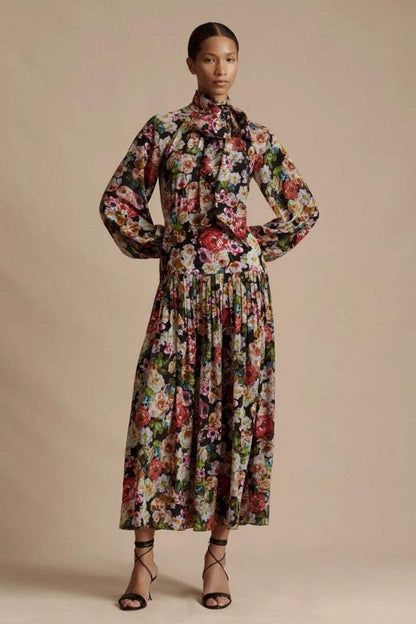 Floral Stand Collar Midi Dress