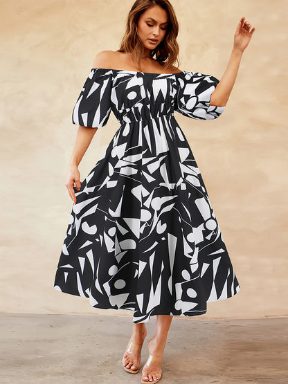 Floral Dress Off The Shoulder Puff Sleeves Casual Summer Midi Dresses