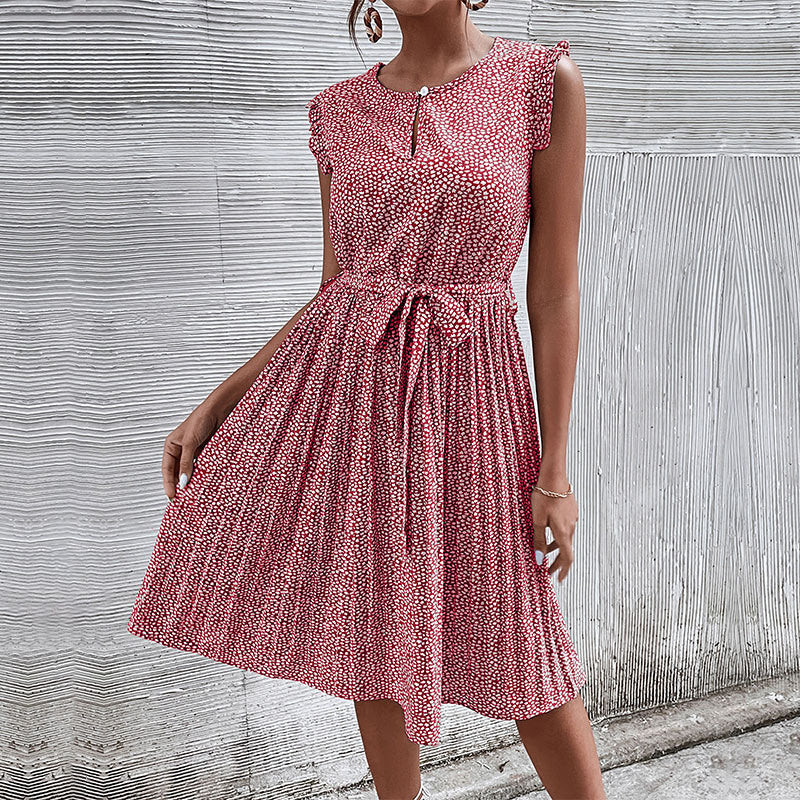 Round Neck Pleated Floral Print Maxi Dress in Multiple Colors
