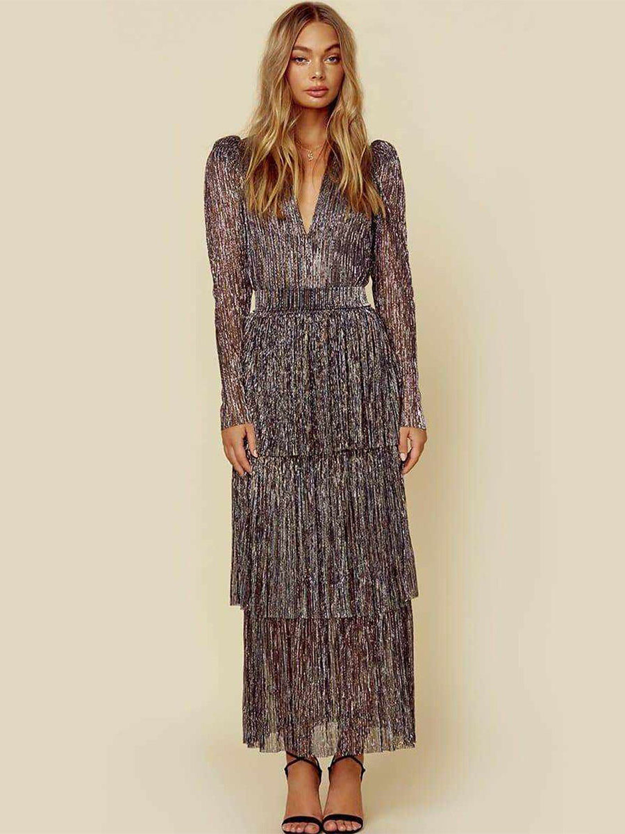 Tiered Maxi Dress Plunge Illusion Sleeves Strong Shoulder Prom Dresses