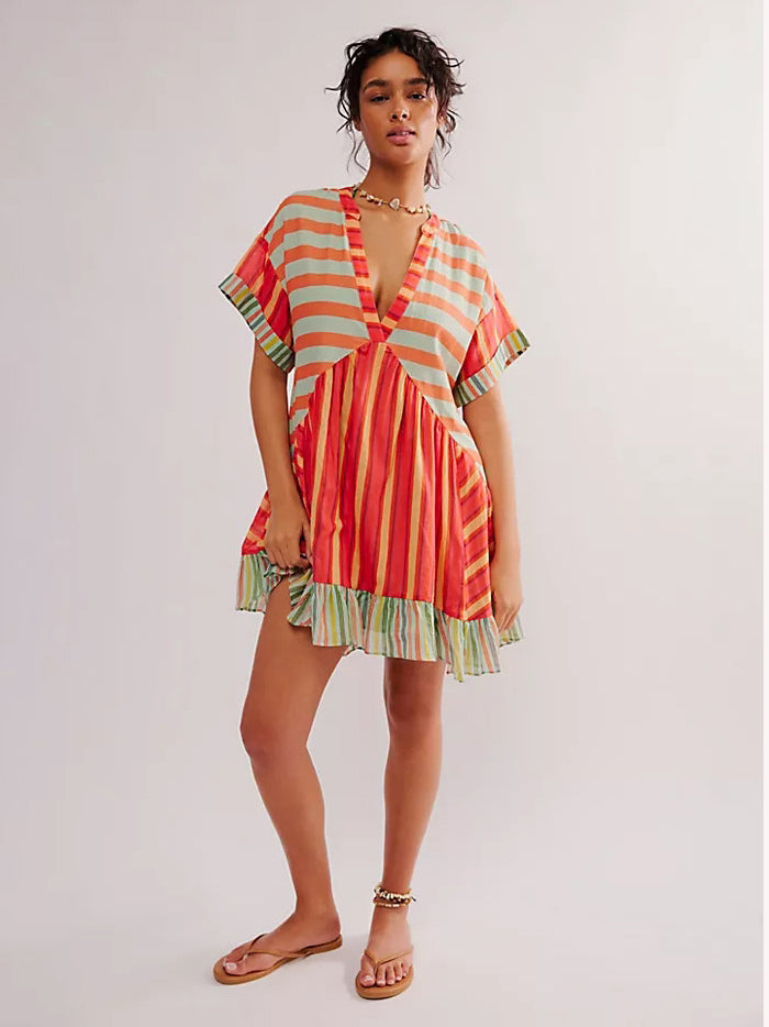 Bohemian Dress V-Neck Short Sleeves Oversized Summer Casual Mini Dresses