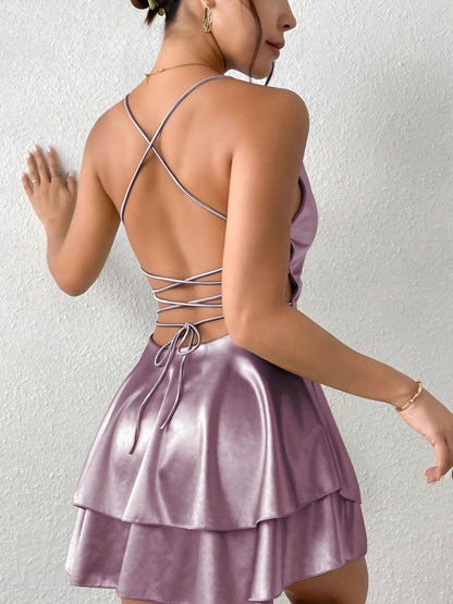 Camisoles Swing Collar Backless Drawstring Mini&Short Dresses