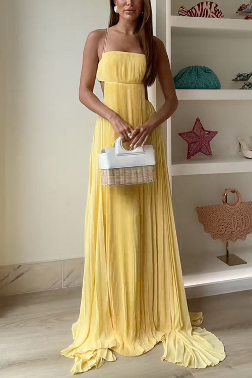 Margovil Spaghetti Strap Back Cut Out Pleated Maxi Dress