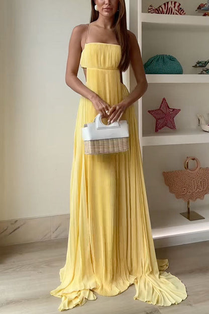 Margovil Spaghetti Strap Back Cut Out Pleated Maxi Dress