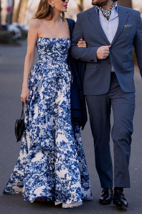 Margovil Strapless Back Lace-up Print Maxi Party Dress