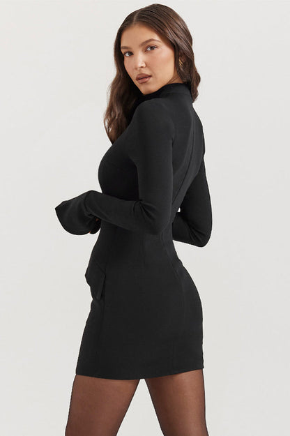 Mock Neck Flared Cuff Long Sleeve Peplum Flap Structured Bodycon Mini Dress