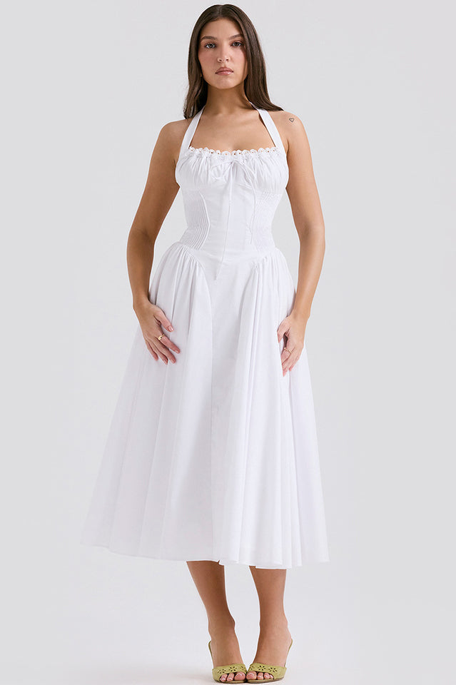 Halter Sweetheart Neck Lace Trim Ditsy Floral Corset Bodice Midi Dress