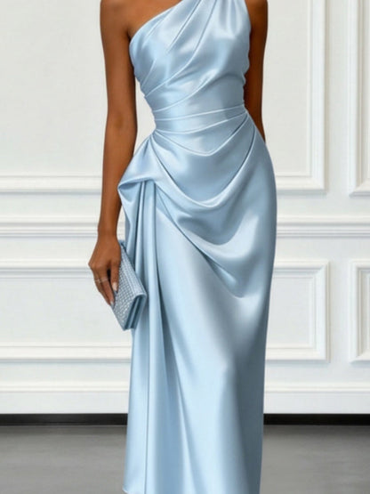 Satin Pleated One Shoulder Grace Formal Dress Maxi Dresses