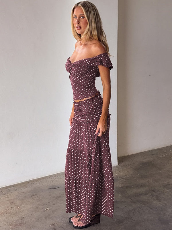 Two-piece Set: Raglan Strapless Top With Polka Dot Side Bow And Long Skirt
