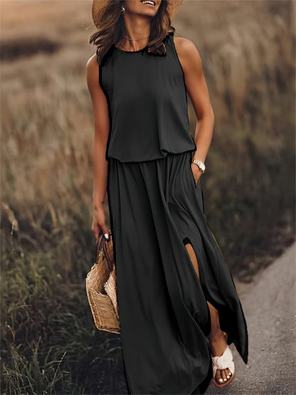 Sleeveless Crew Neck Tiered High Split Side Pocket Maxi Dress